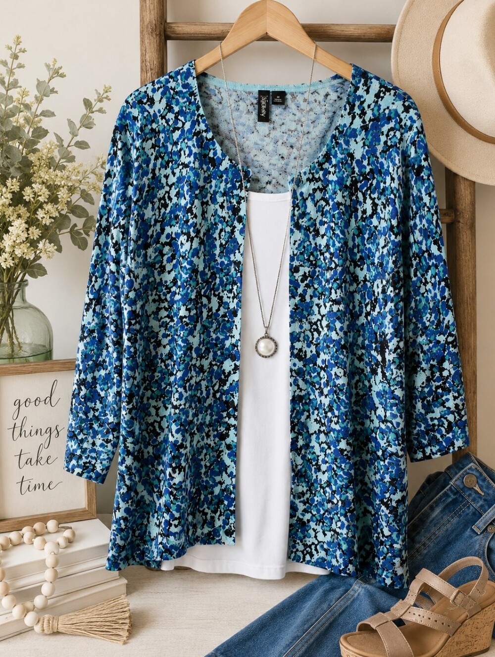 Relativity 1X Blue Aqua Abstract Print Button Front Cardigan